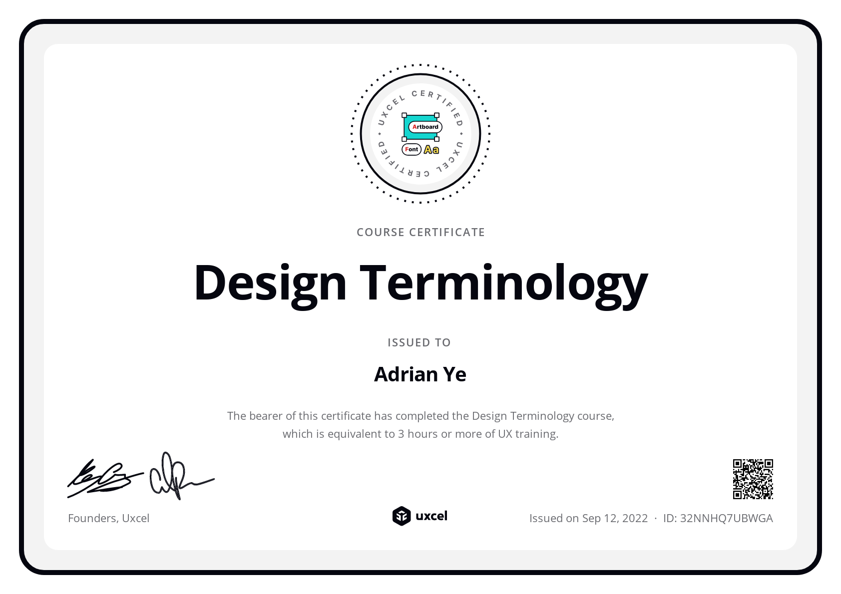Adrian Ye's certificate